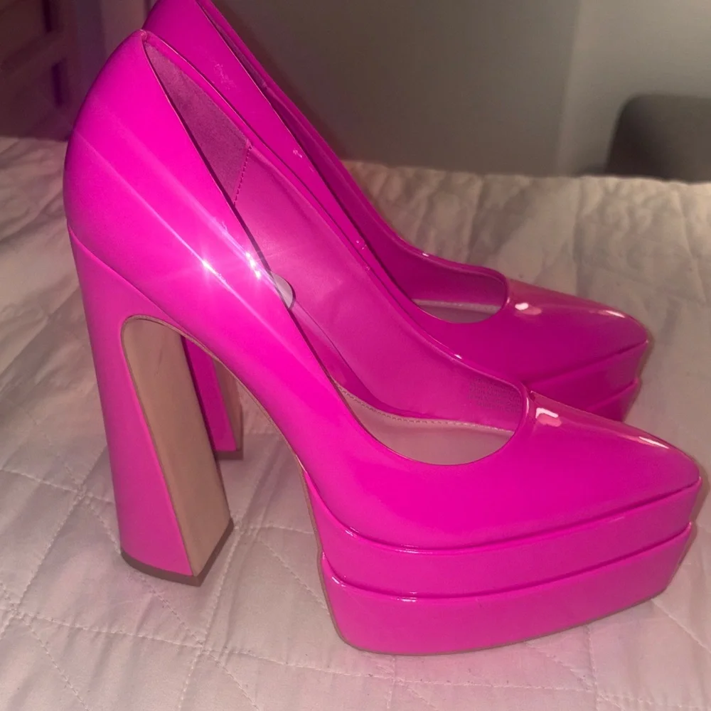 Women’s Patent Hot Pink Platform Pumps - Sleek High Heel Statement Shoe 6.5